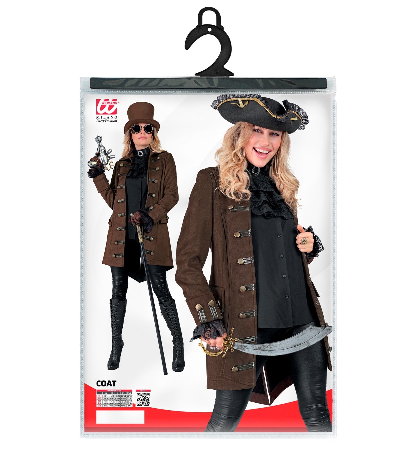 Grauer historischer Damen-Piratenmantel mit breitem Revers und Metallknöpfen, lang geschnitten.