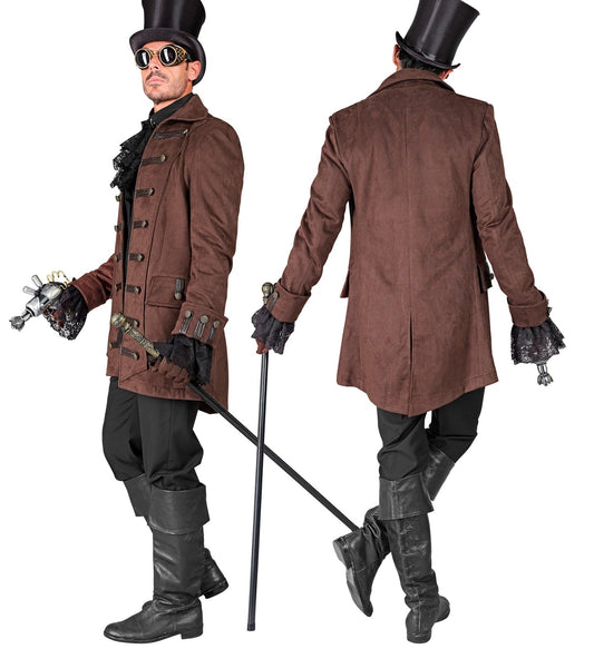 Grauer historischer Piratenmantel für Herren mit breiten Aufschlägen und Knöpfen im Kapitänsstil