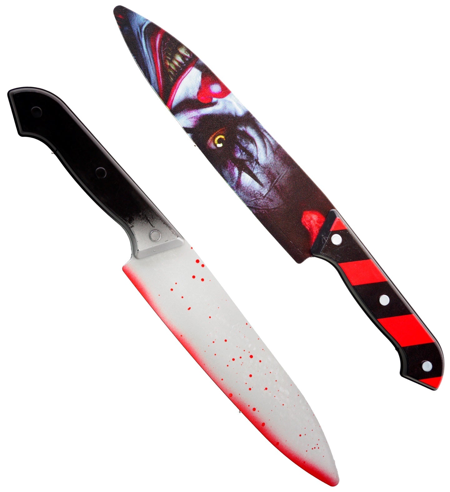 Horror Clown Messer mit 31 cm langer Kunststoffklinge und blutigem Hochglanzfinish.