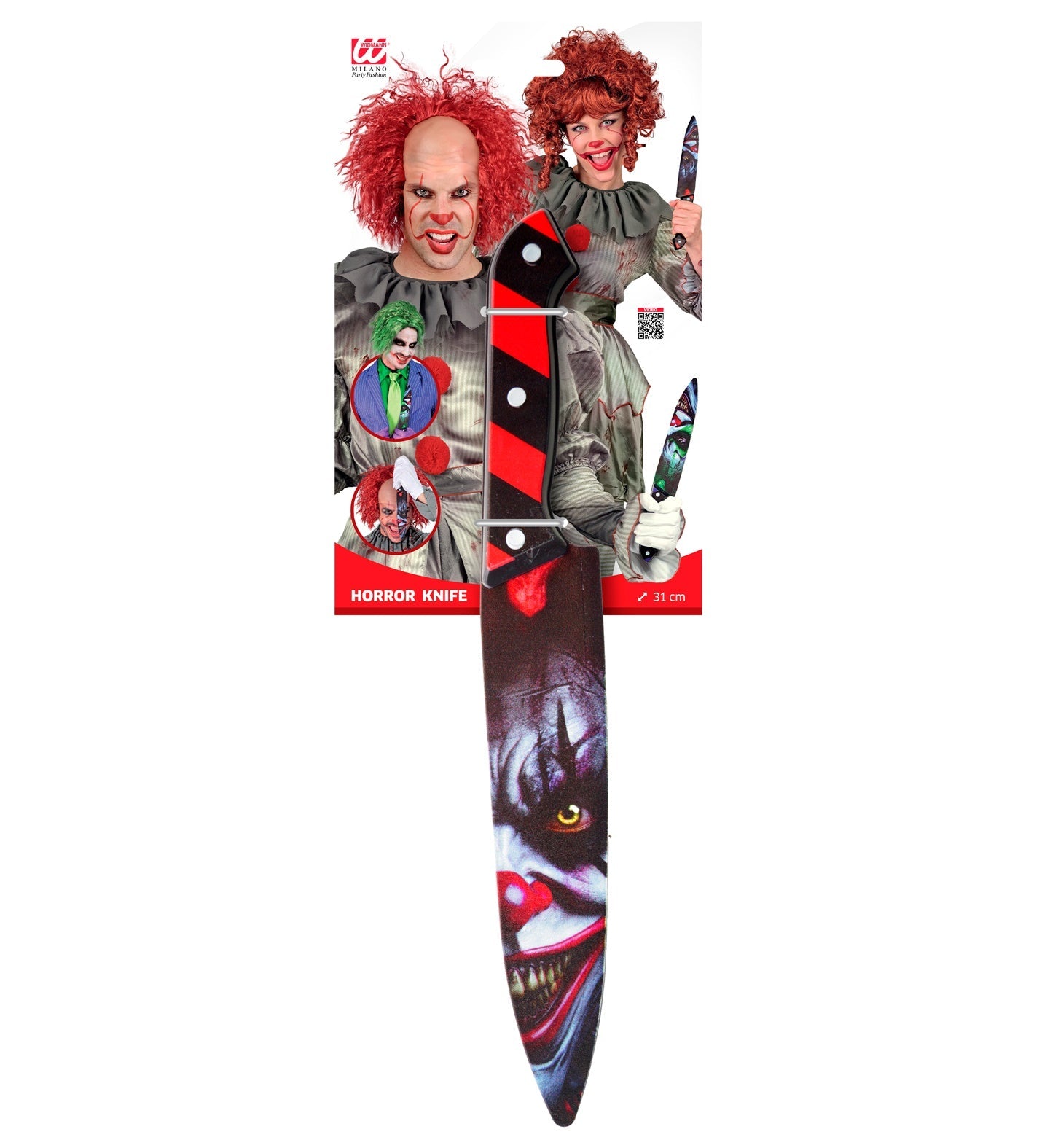 Horror Clown Messer mit 31 cm Kunststoffklinge und blutigem Finish für Kostüme.