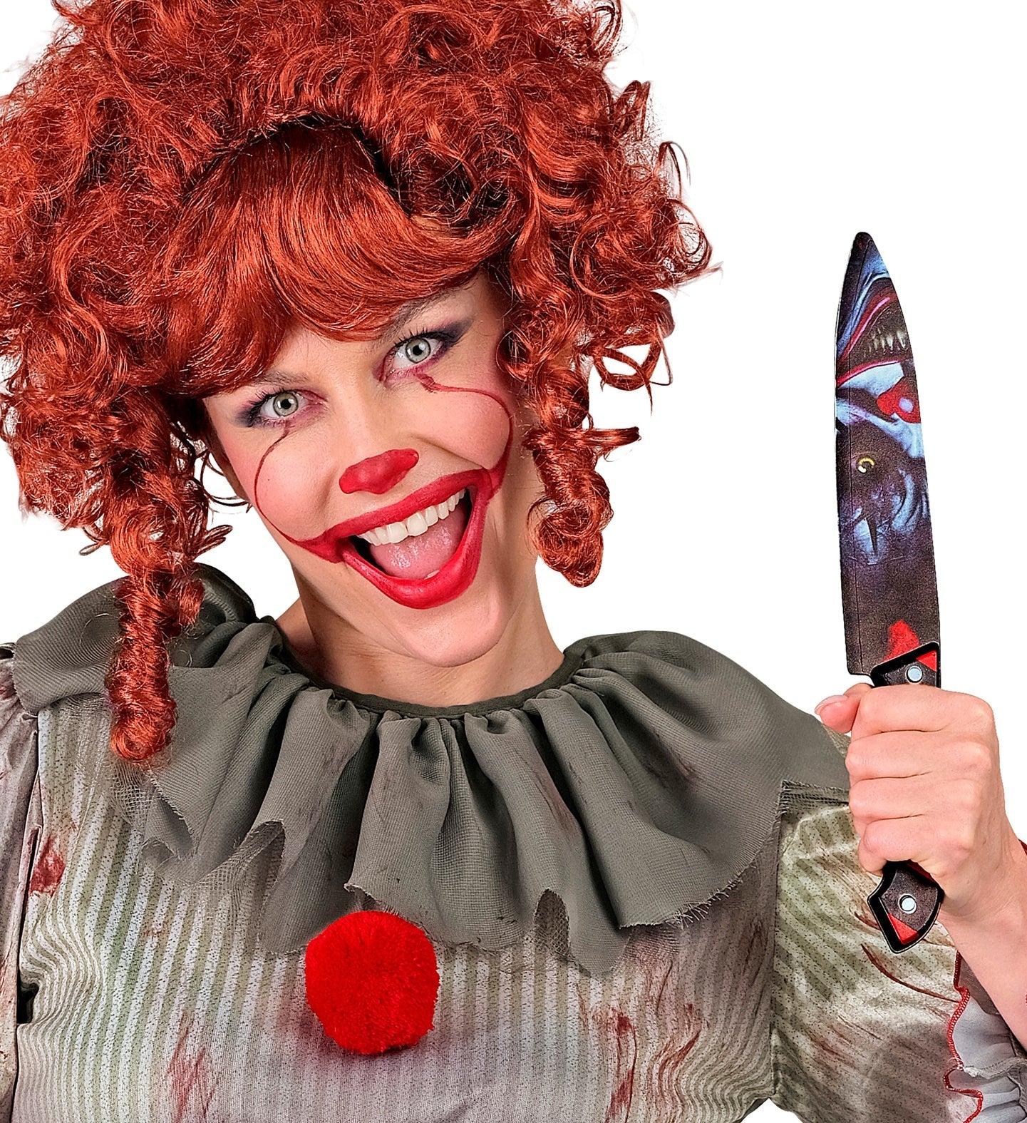 Horror Clown Messer mit 31 cm Kunststoffklinge und blutiger Hochglanz-Oberfläche.