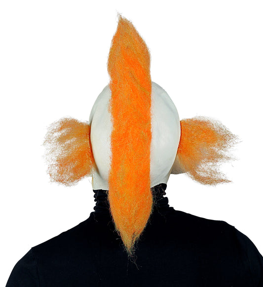 Horrorclown Vollkopfmaske aus Latex mit synthetischen Haaren und handgemalten Details.