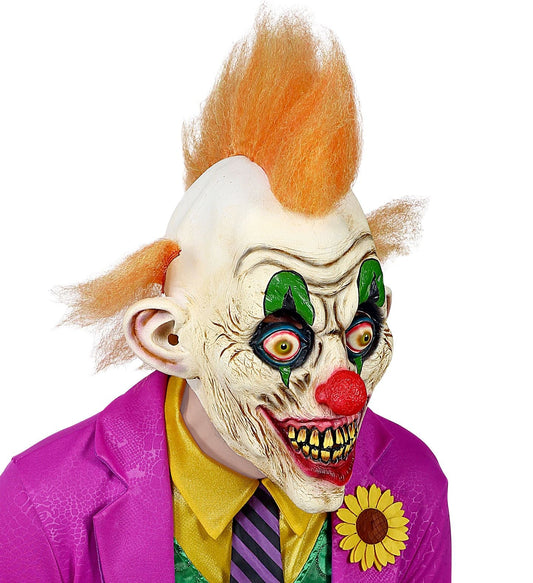Latex Horrorclown Vollkopfmaske mit handbemalten Details und langen schwarzen Haaren