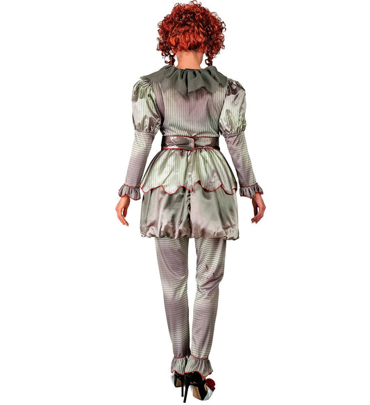 Damenkostüm Horror Clown ES mit Kleid, Leggings und Gürtel in Schwarz und Weiß mit Rüschen