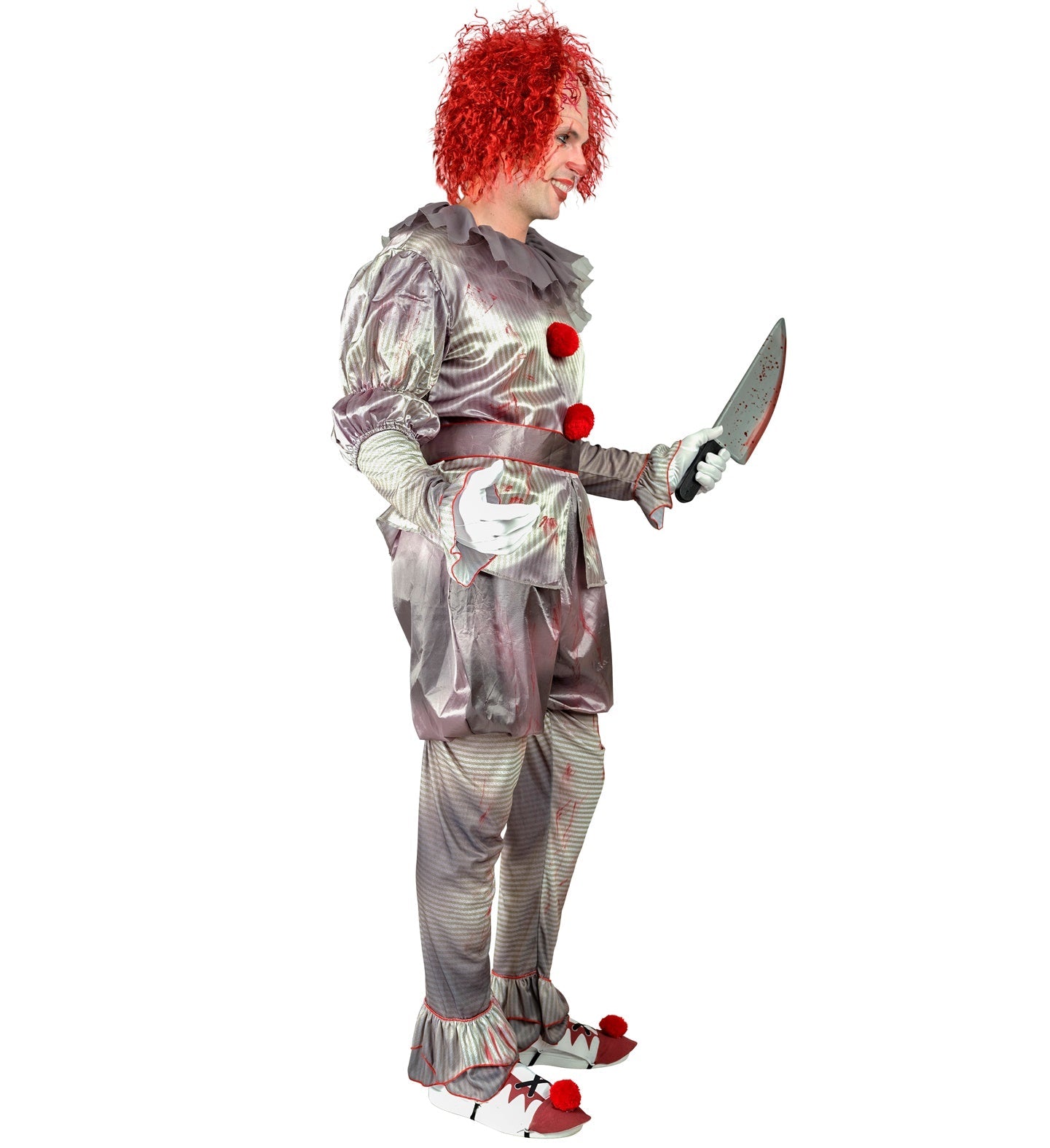 Schwarz-rotes Horrorclown-Kostüm mit Rüschen, Leggings und Gürtel für Herren