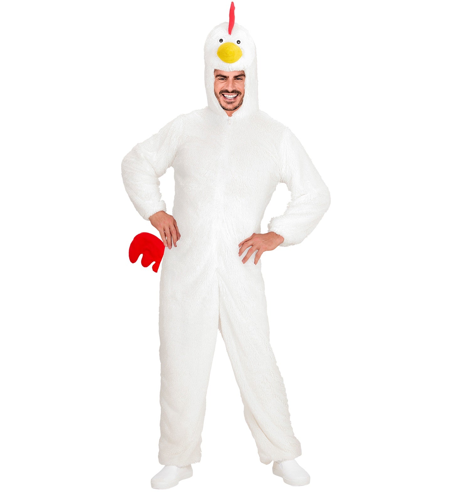 Plüschkostüm in Form eines Huhns mit Kapuze, unisex, weich und bequem.