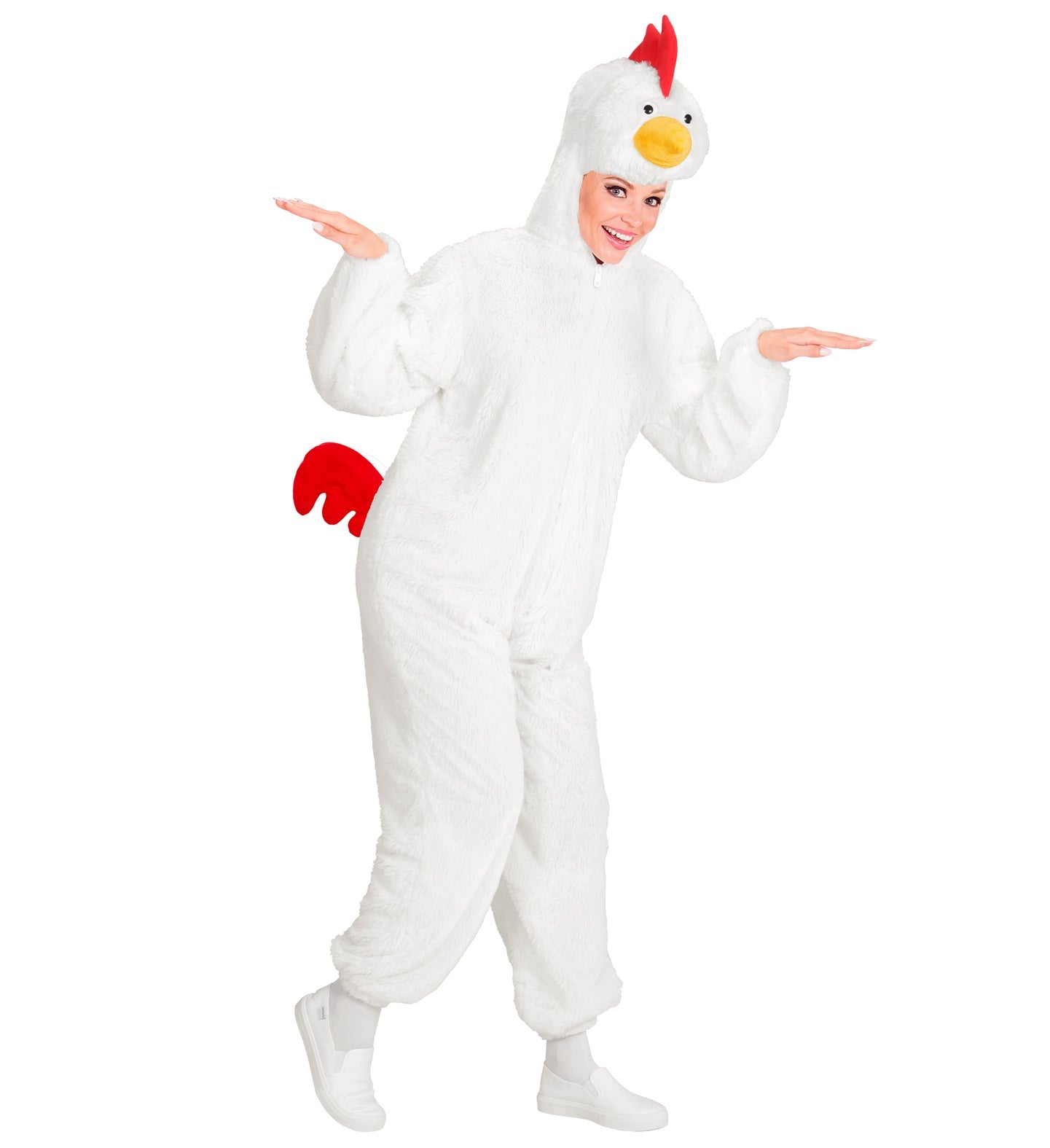 Erwachsenen Plüschkostüm Overall in Hühnerdesign mit Kapuze und Reißverschluss vorne