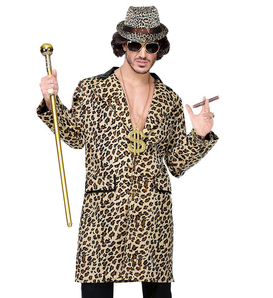 Man in leopard-print coat with gold chain, hat, cane, and cigar.