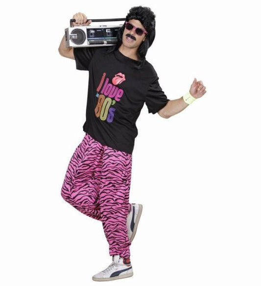 Man in 80s costume holding boombox, wearing black Rolling Stones t-shirt and pink zebra pants.