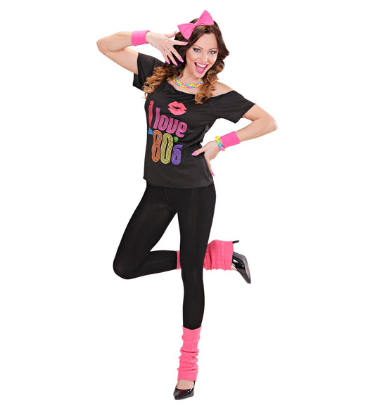 Woman in 80s costume with "I Love 80s" t-shirt, pink headband, fingerless gloves, leggings, leg warmers, and high heels.