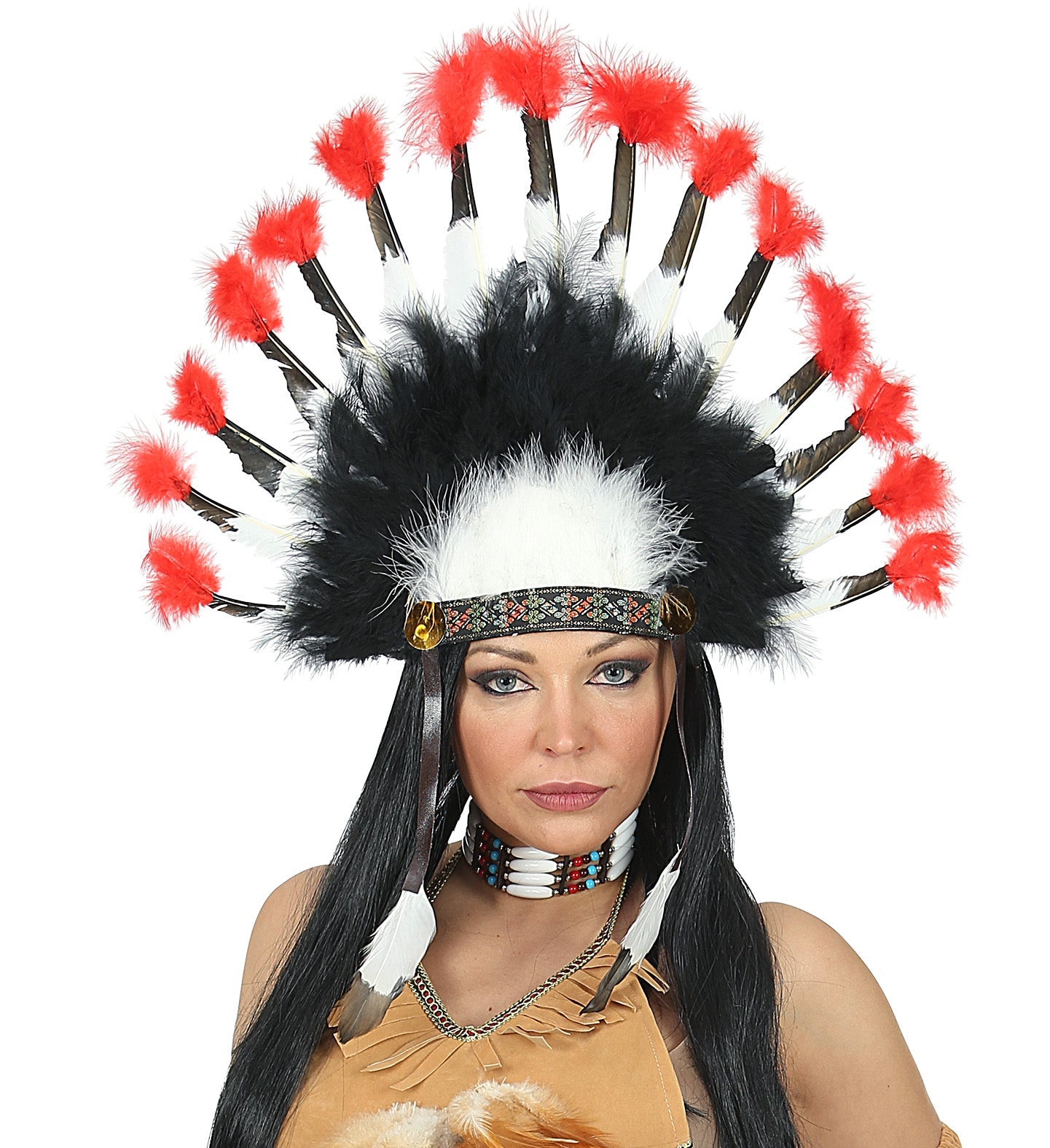 Woman wearing a Widmann authentic feather headdress with red and white feathers.