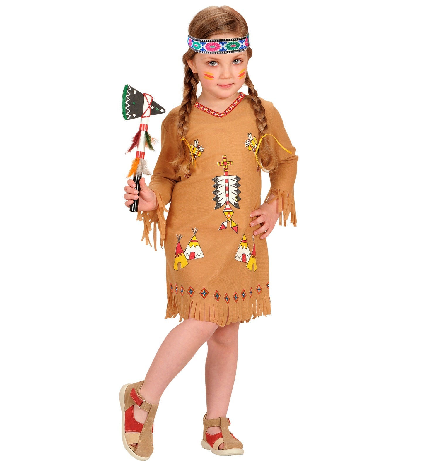 Mädchenkostüm Indianer mit rotem Satinkleid, bunten Fransen und Feder-Stirnband