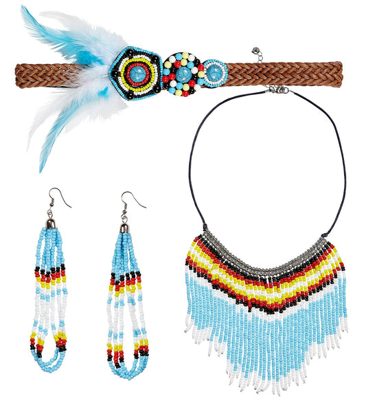 Widmann Indianerin Schmuck Set mit Haarband, Ohrringen und Halskette mit Federn.