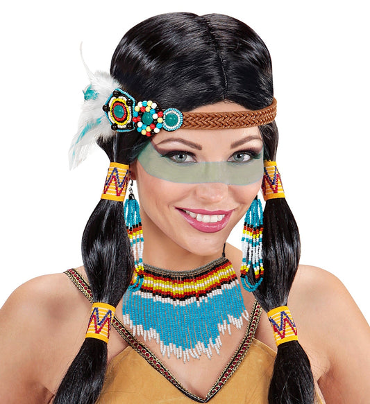 Widmann Indianerin Schmuck Set with headband, earrings and necklace featuring feathers and beads.