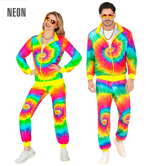 Unisex psychedelischer Neon-Jogginganzug mit bunten Wirbelmustern, getragen von einem Paar.
