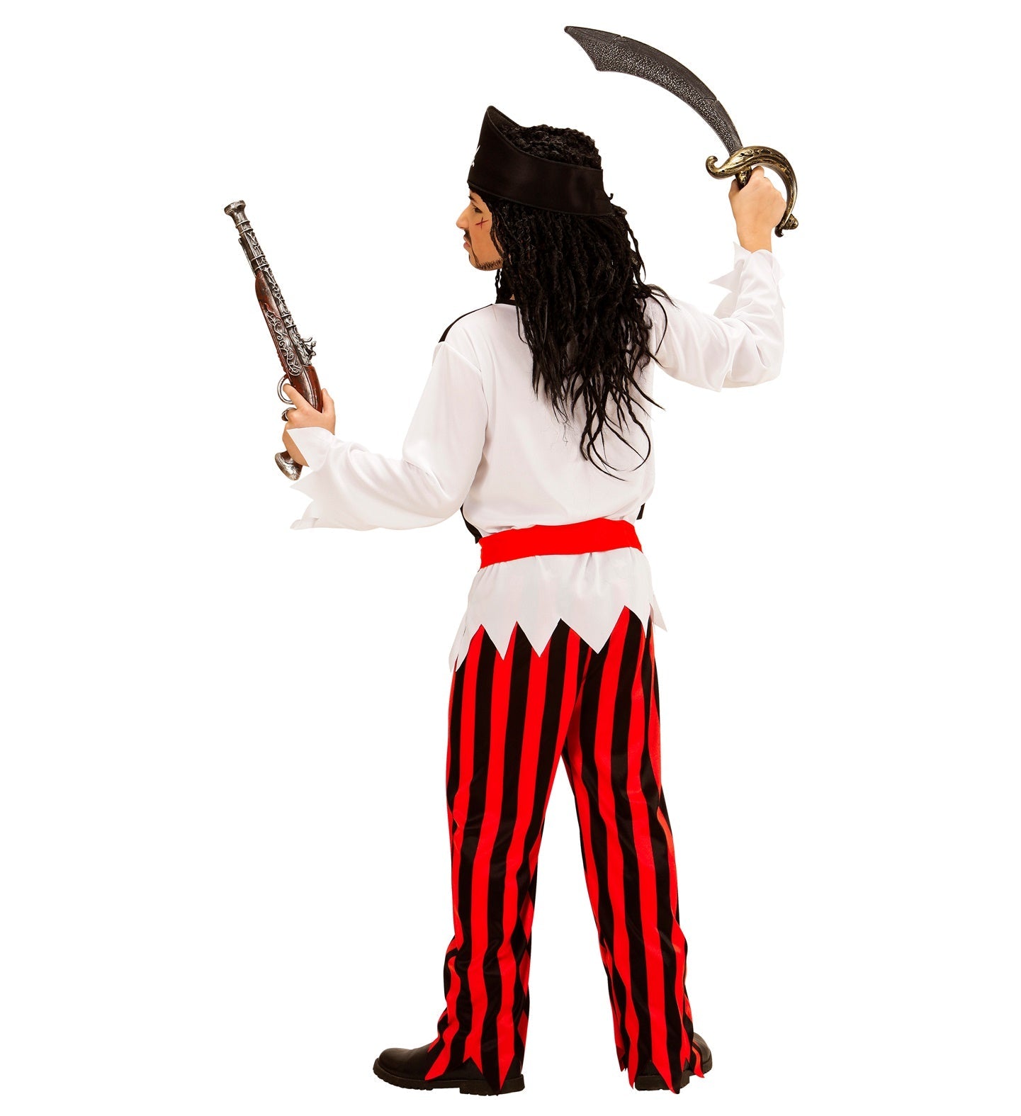 Jungen Piratenkostüm mit T-Shirt, Weste, Hose, Gürtel und Stirnband, getragen von hinten.