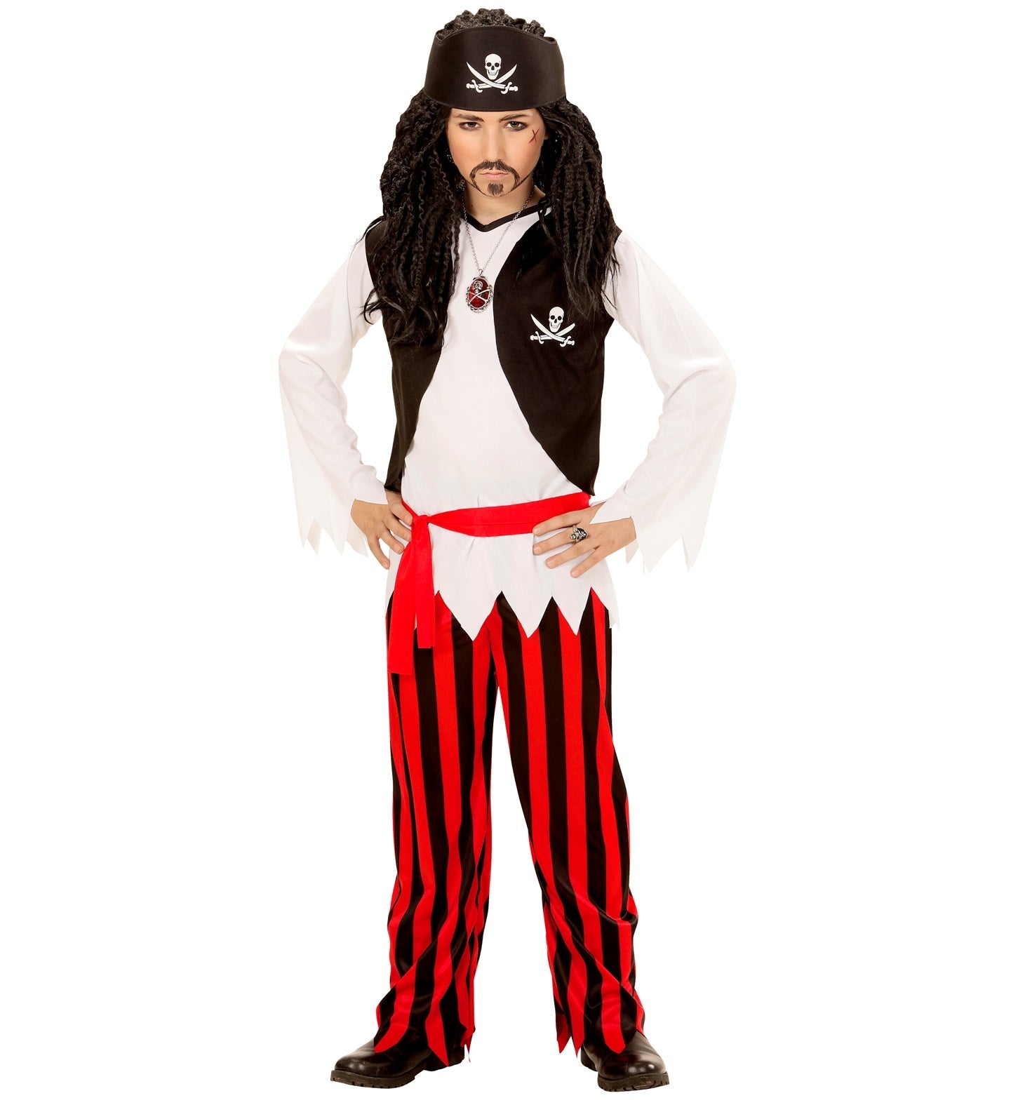 Jungen Piratenkostüm mit T-Shirt, Weste, Hose, Gürtel und Stirnband.