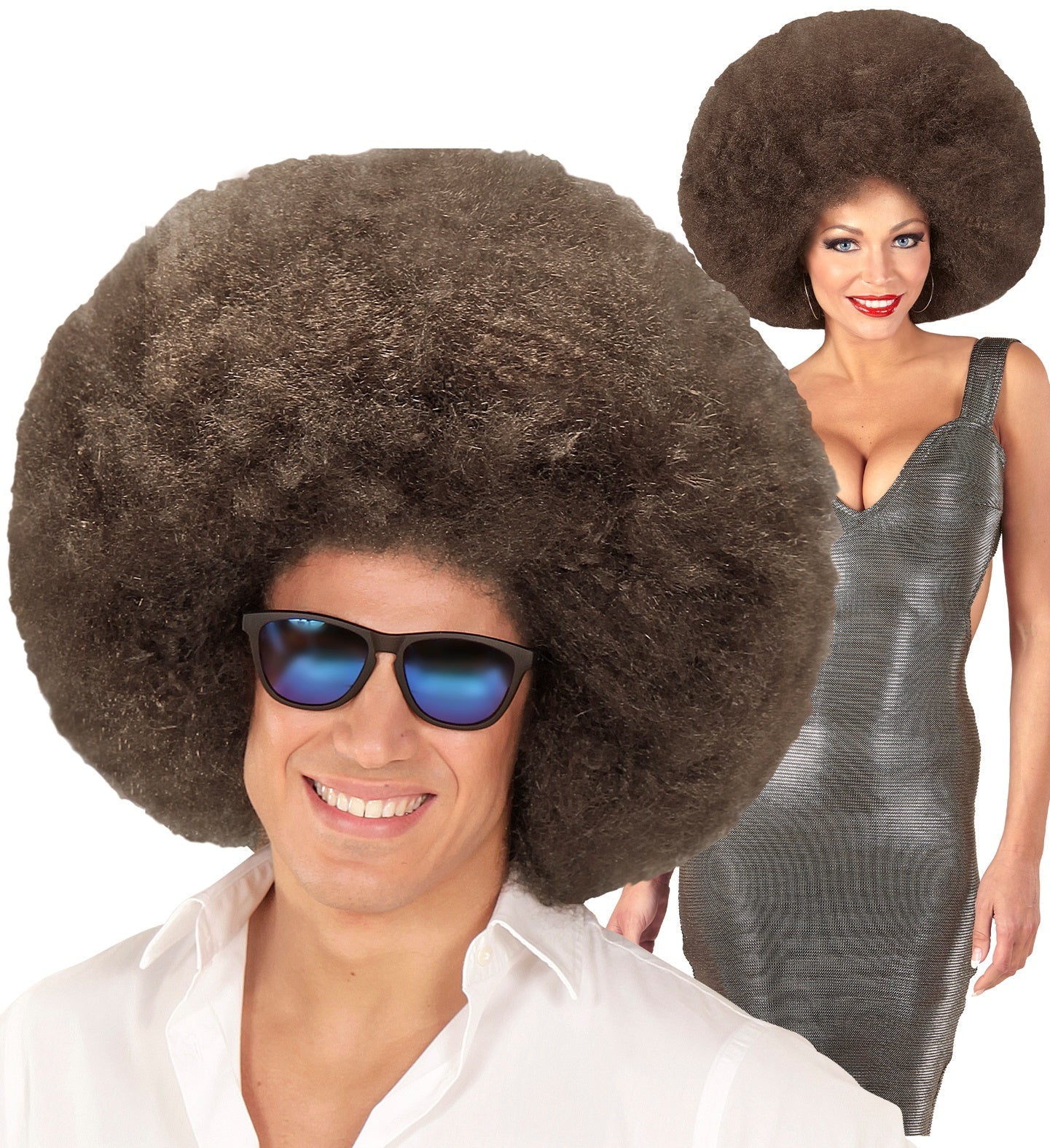 Unisex coffee-brown giant Afro wig with 70s disco style.
