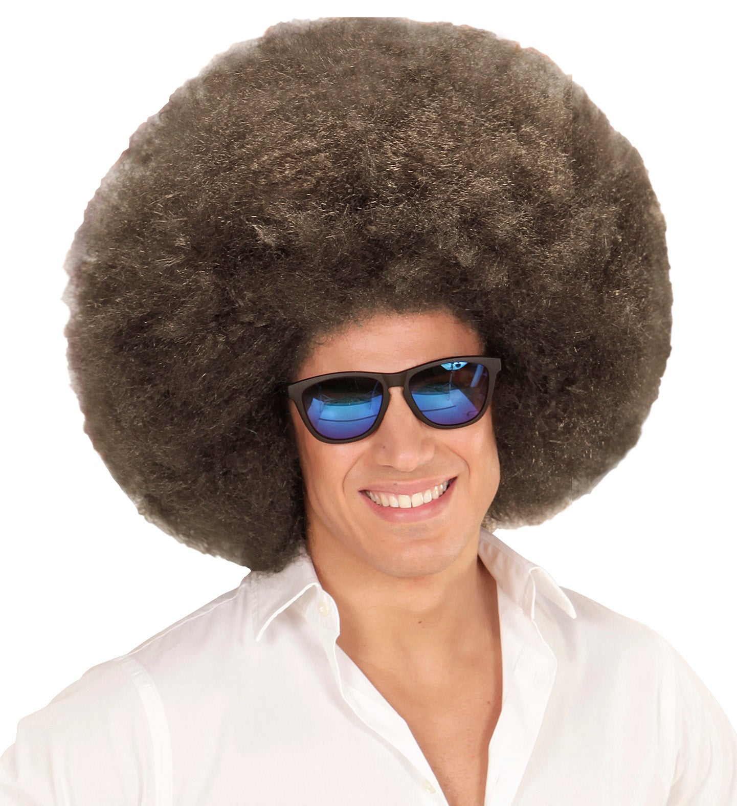 Unisex coffee-brown giant afro wig with black sunglasses on a white background.