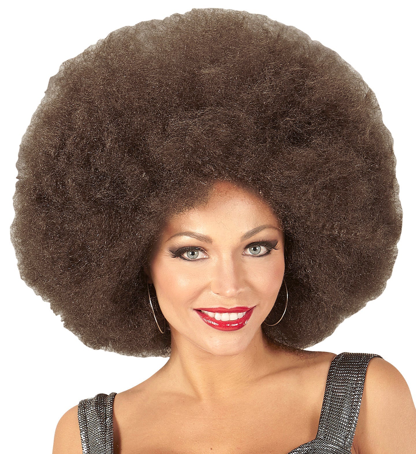 Unisex giant coffee-brown Afro wig with large curly volume for 70s disco parties.
