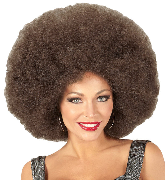 Unisex giant coffee-brown Afro wig with large curly volume for 70s disco parties.