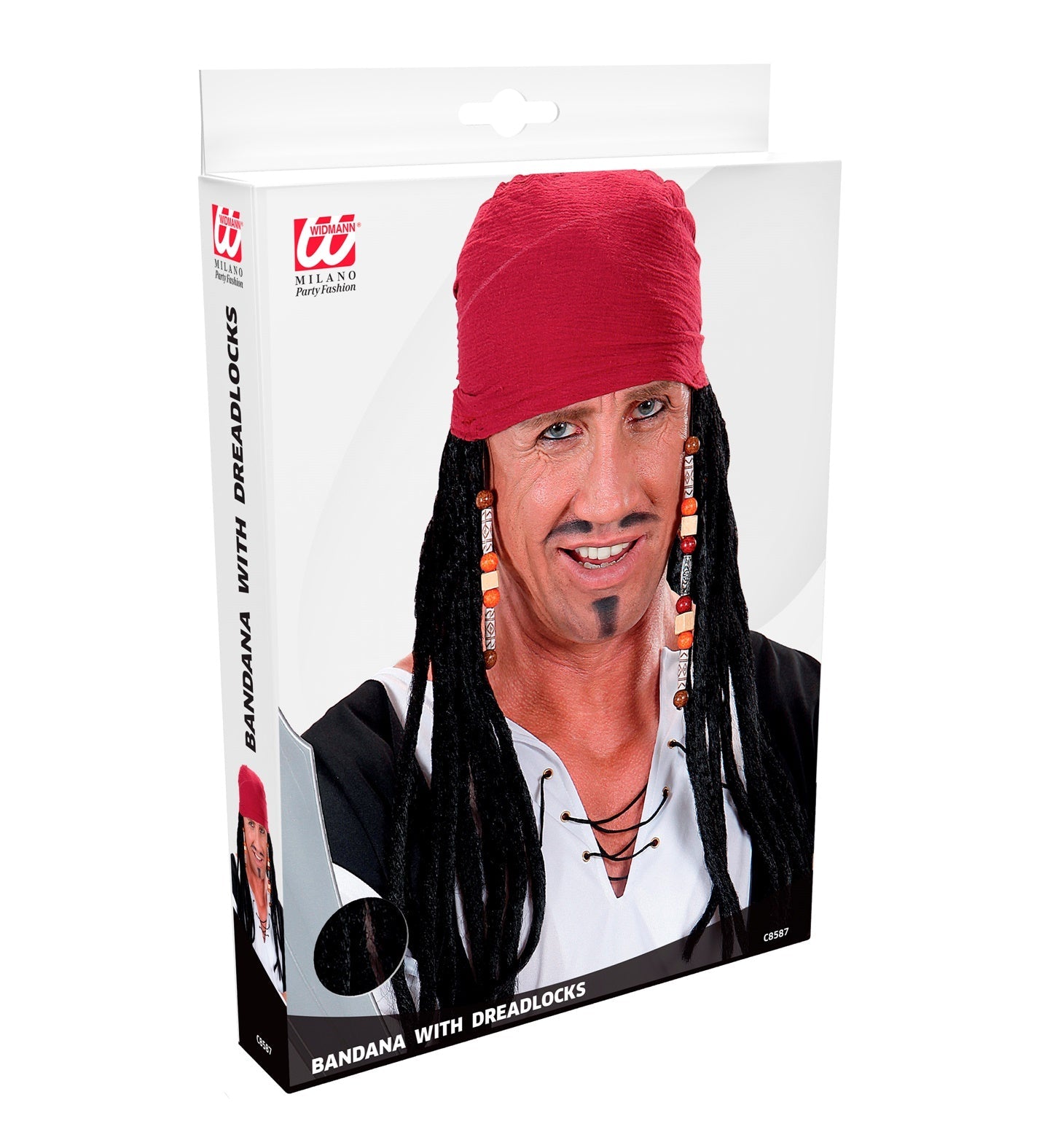 Red pirate wig with dreadlocks on elastic cap for adult costume.