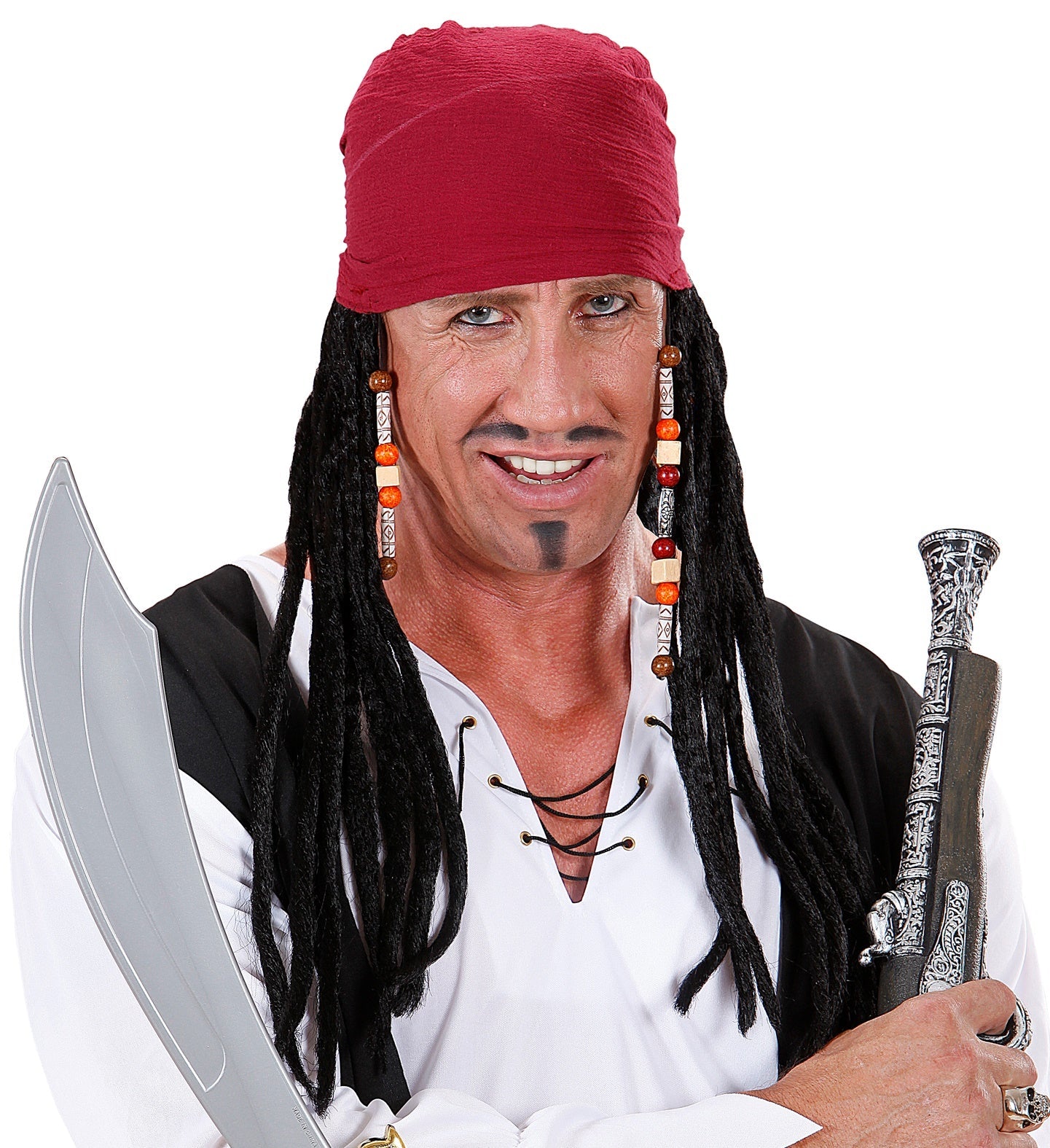 Man in pirate costume with long dreadlock wig and sword.