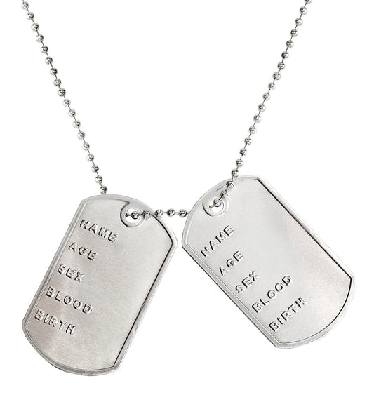 Edelstahl Dog Tags Kette mit gravierten Tags für Name, Alter, Geschlecht, Blutgruppe und Geburtsdatum, 60 cm lang.