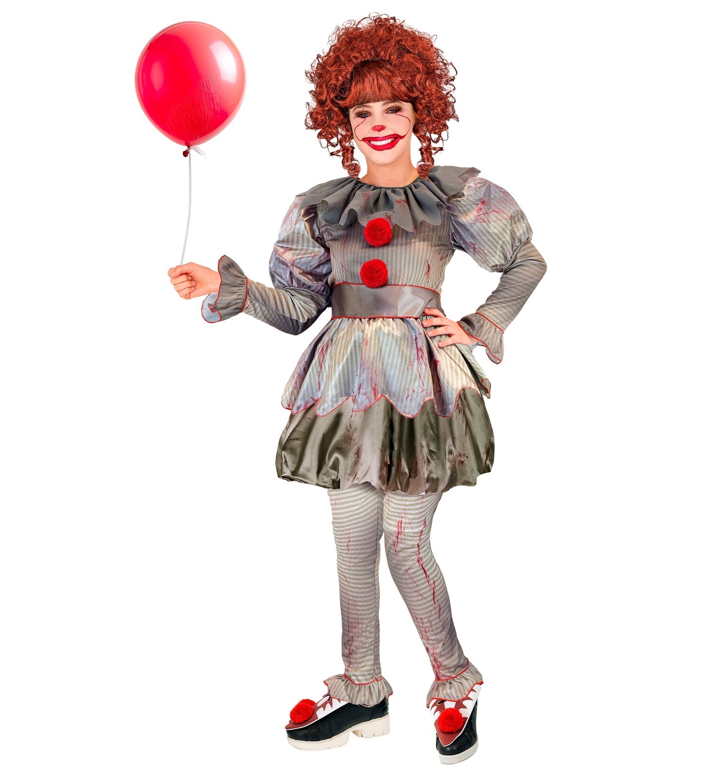 Kinderkostüm Killer Clown mit buntem Kleid, großen Knöpfen und schwarzer Leggings für Halloween