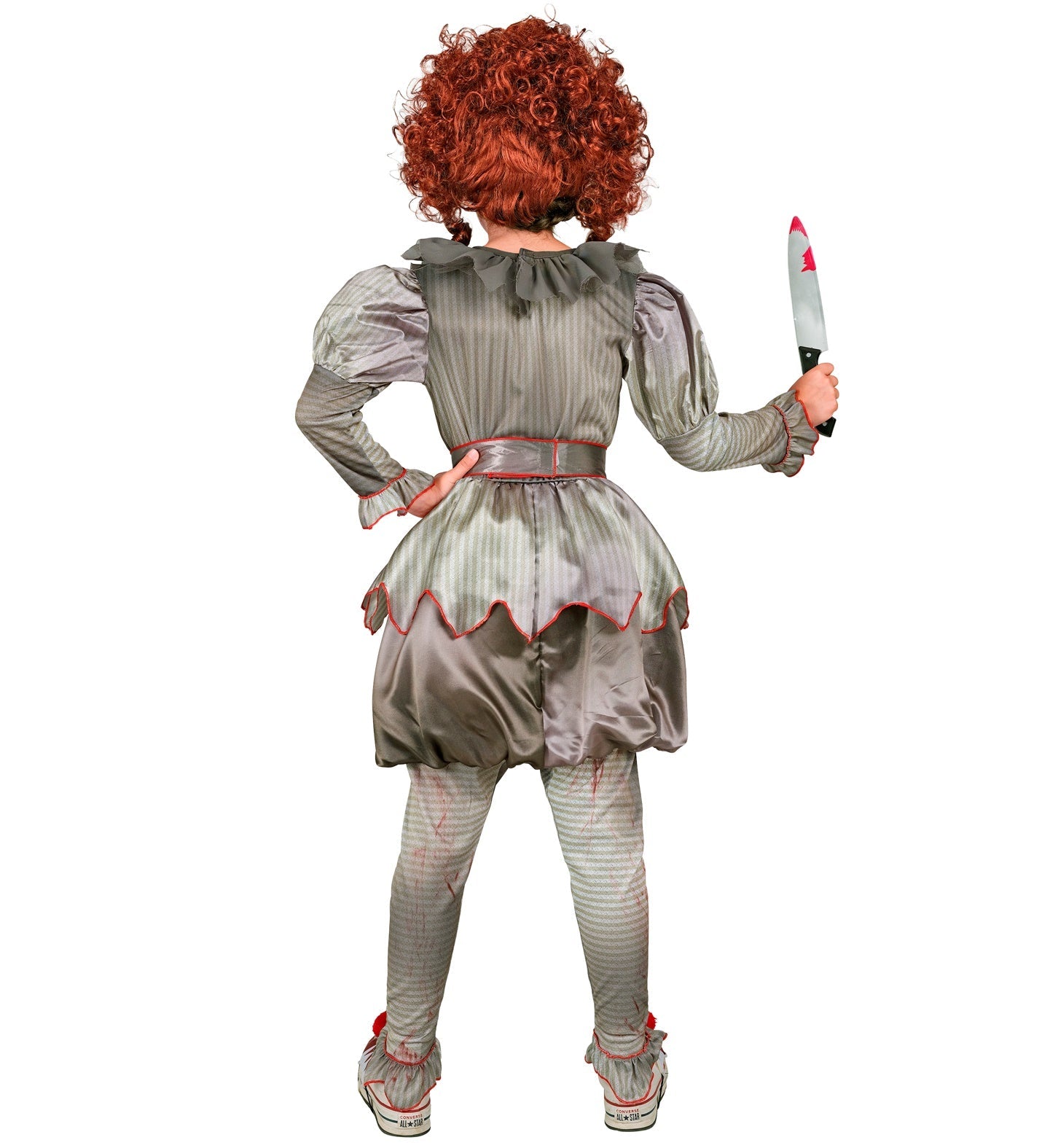 Vierteiliges Kinderkostüm als gruseliger Horrorclown in bunten Farben mit auffälligem Kragen.