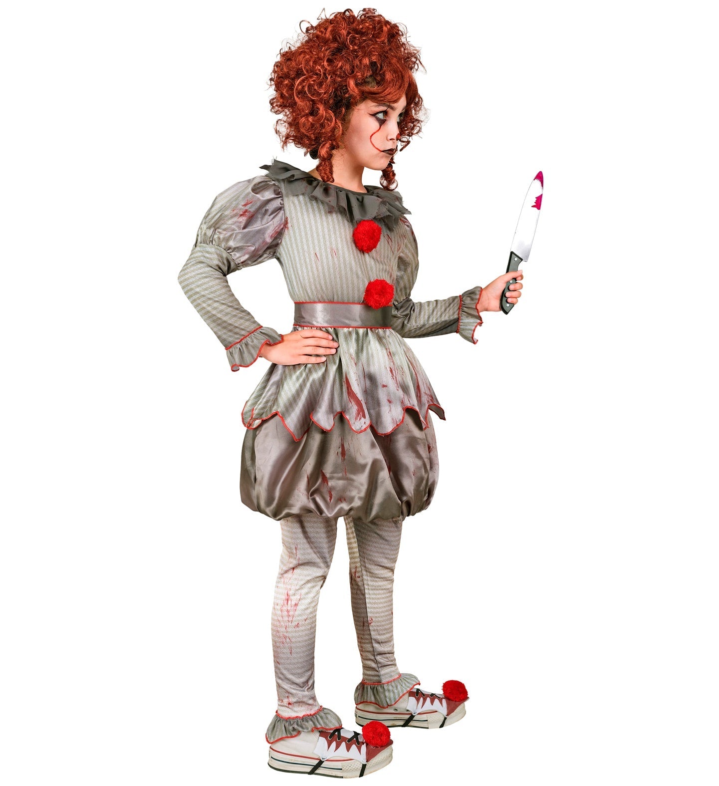 Viertesiliges Killer Clown Kostüm in bunten Farben mit Kleid, Leggings, Gürtel und Schuhüberziehern.