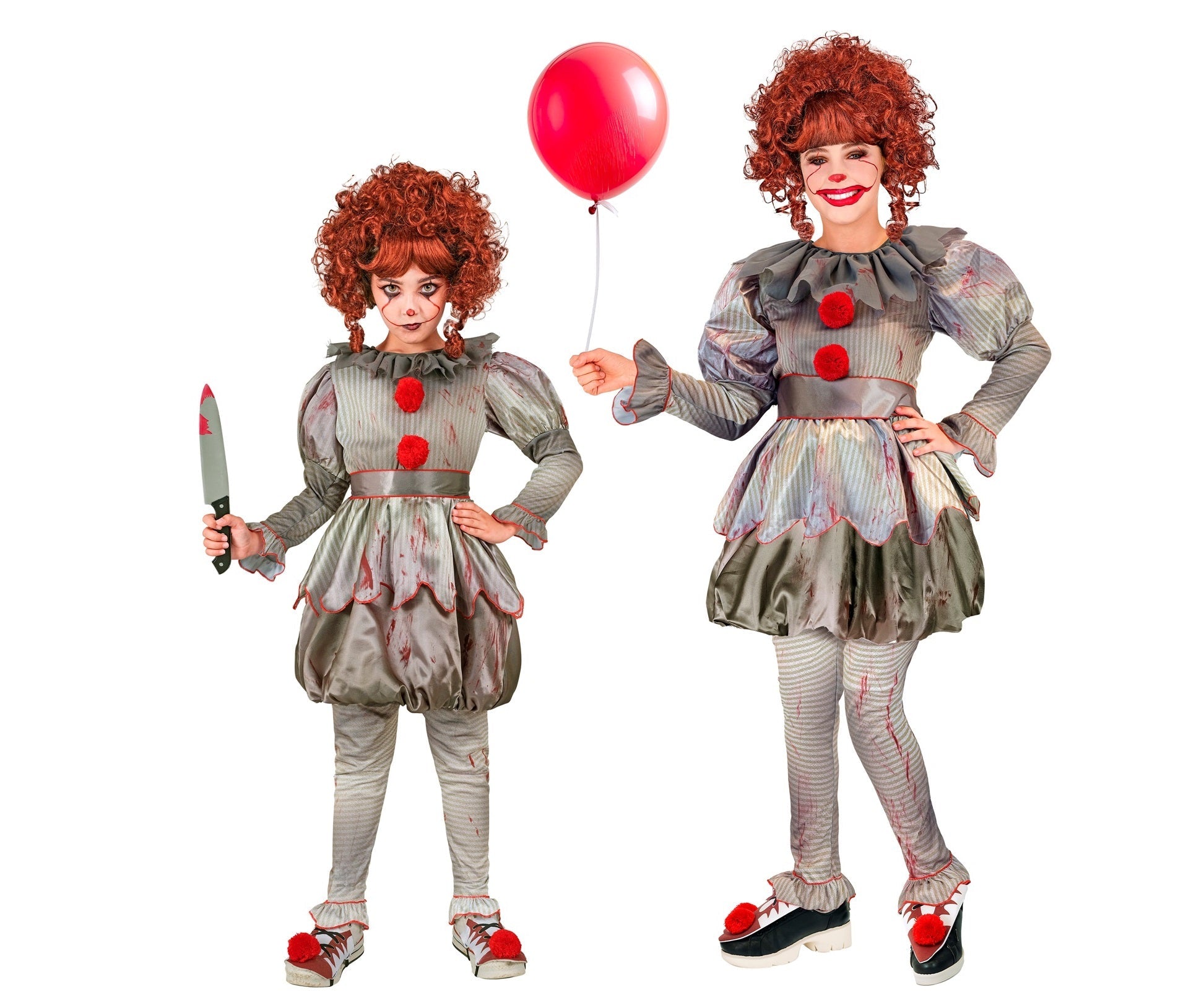 Kinderkostüm Killer Clown mit buntem Kleid, großen Knöpfen und schwarzer Leggings für Halloween