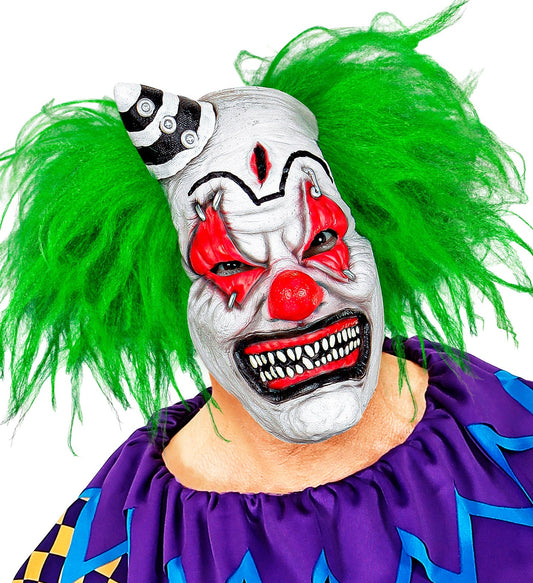 Vollgesichts-Latexmaske Killer Clown mit Haaren und kleinem Hut für Erwachsene in Rot und Weiß.