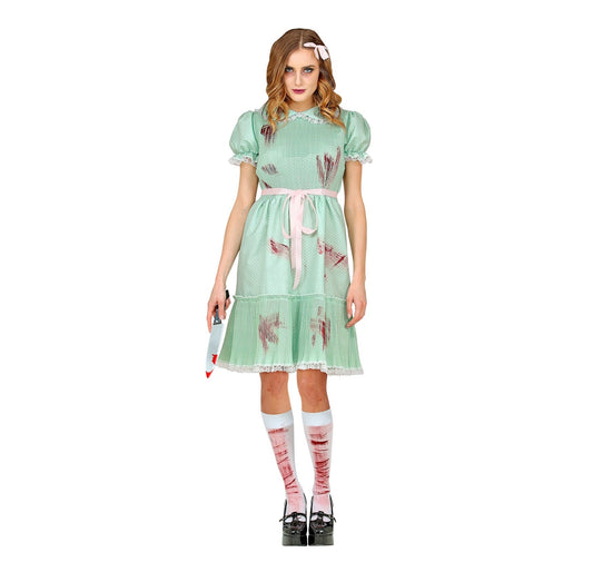 Widmann Killerpuppe Damenkostüm in Schwarz mit Kleid, Gürtel und Strümpfen im Set.