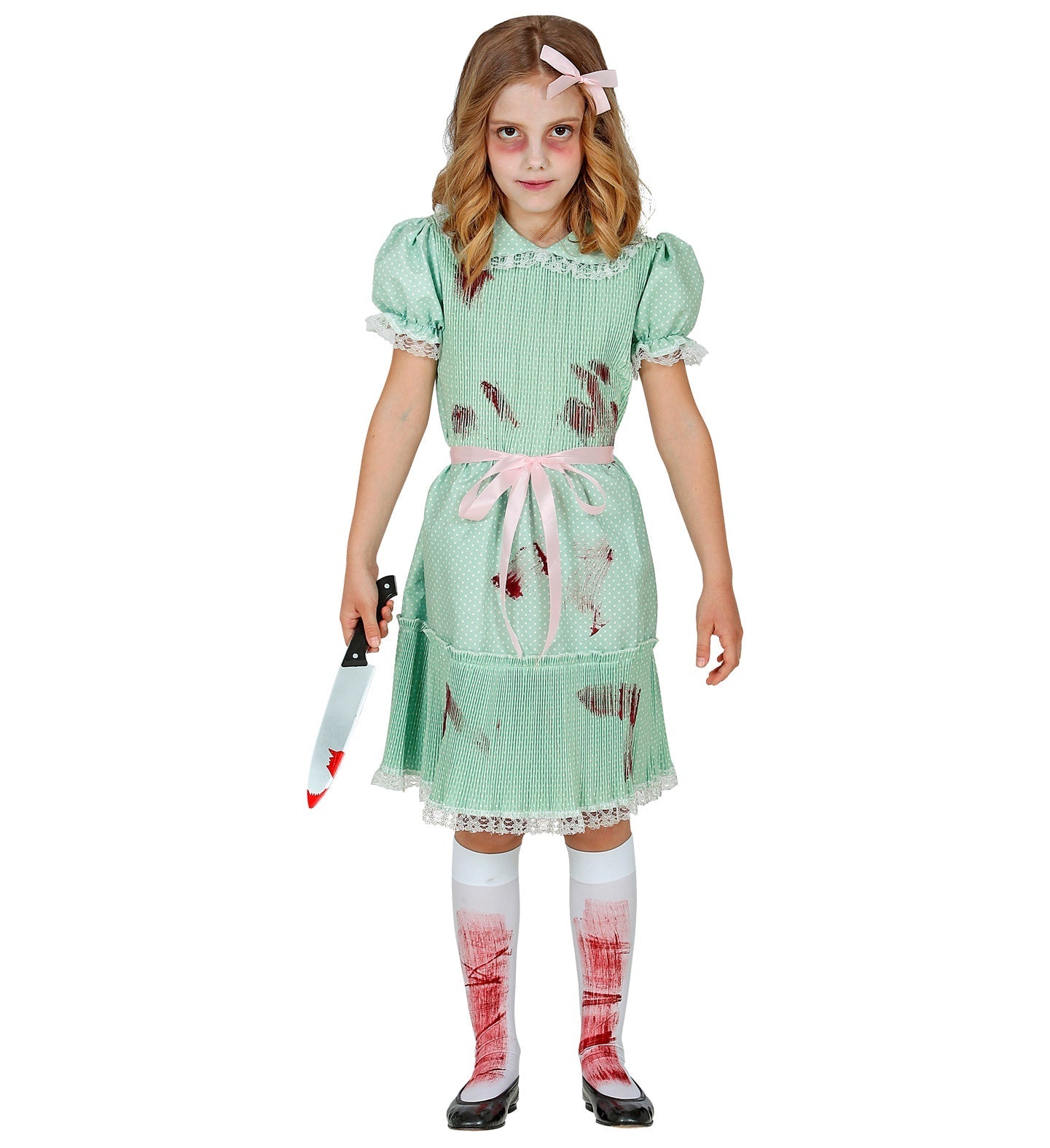 Mädchenkostüm mit rüschigem Kleid, Gürtel und Strümpfen in bunten Farben.