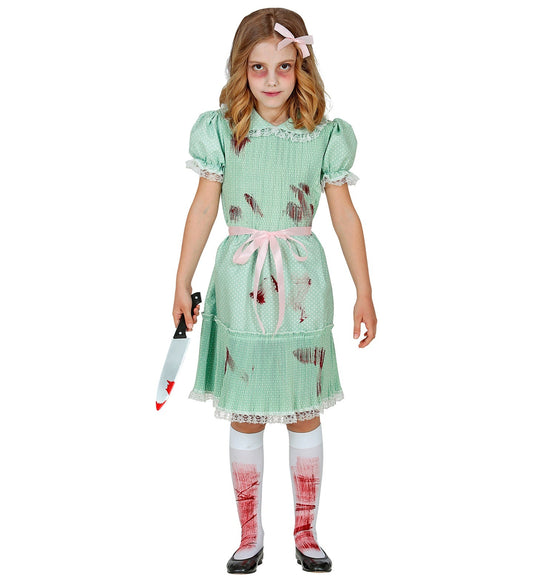 Mädchenkostüm mit rüschigem Kleid, Gürtel und Strümpfen in bunten Farben.