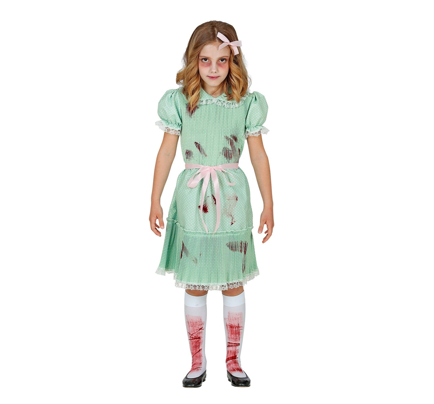 Mädchenkostüm Killerpuppe mit schwarzem Kleid, Gürtel und gestreiften Strümpfen