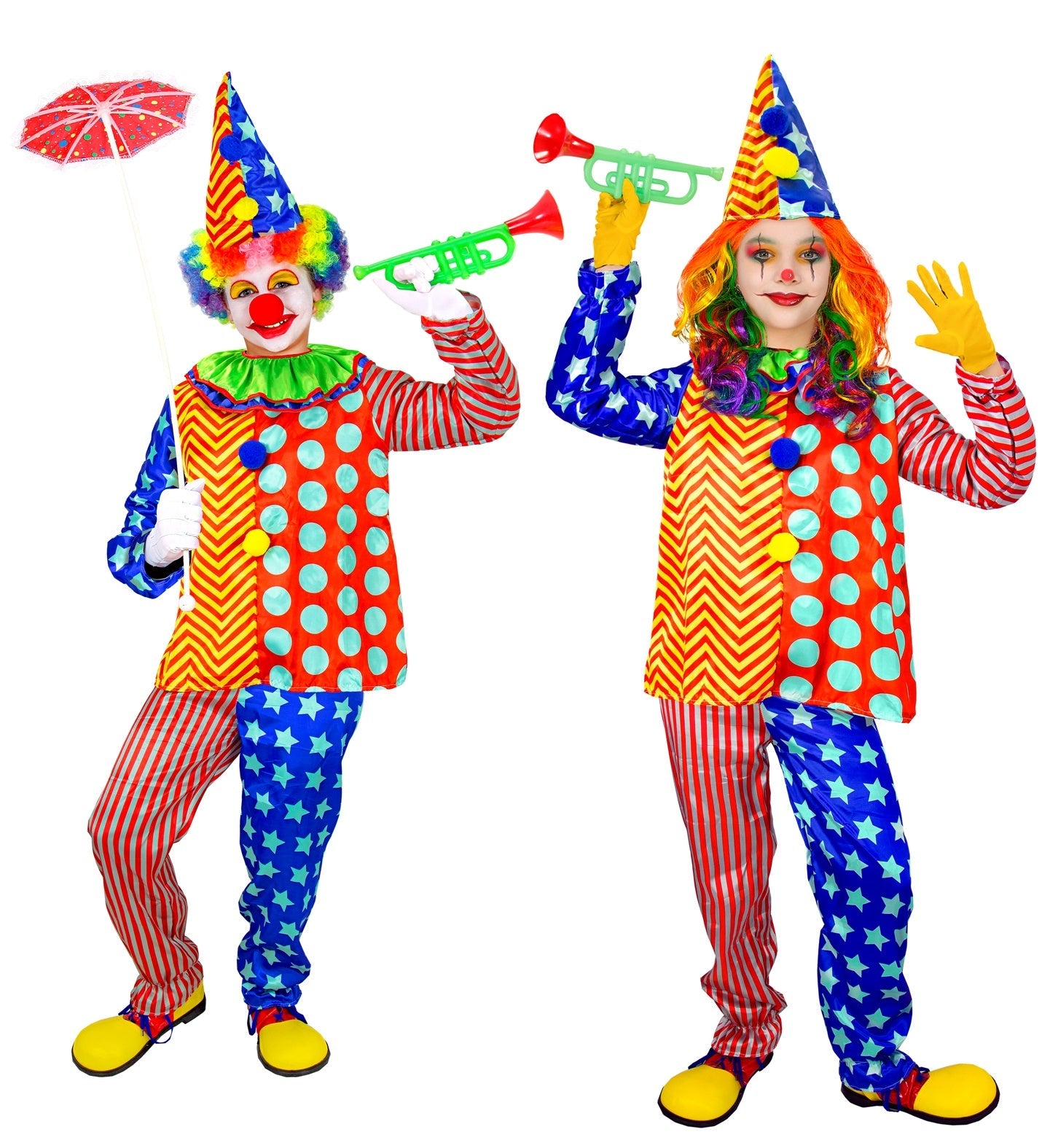 Buntes Kinder Clown Kostüm mit Oberteil, Hose und Hut in Blau, Orange, Rot und Weiß