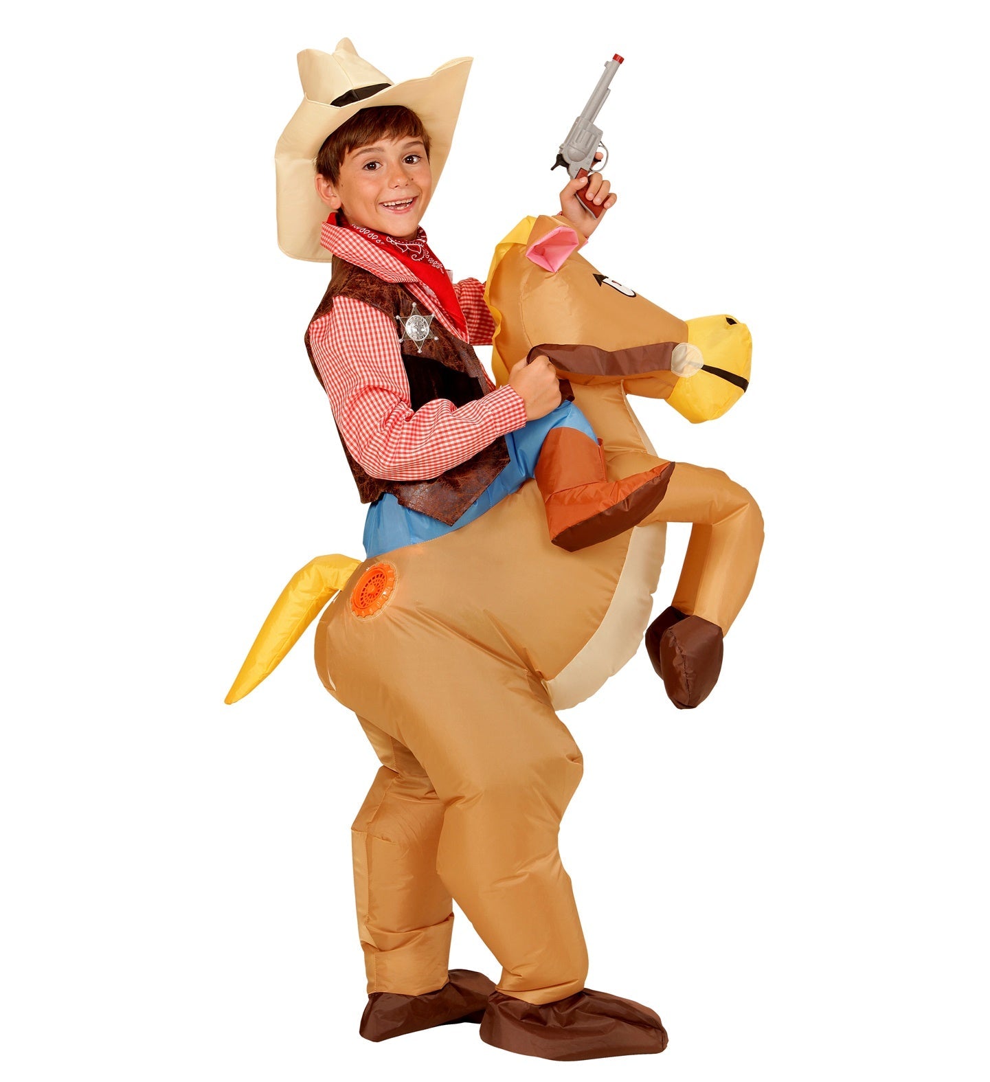 Aufblasbarer Kinder-Cowboy-Overall in Braun mit passendem Westernhut und Gürtel