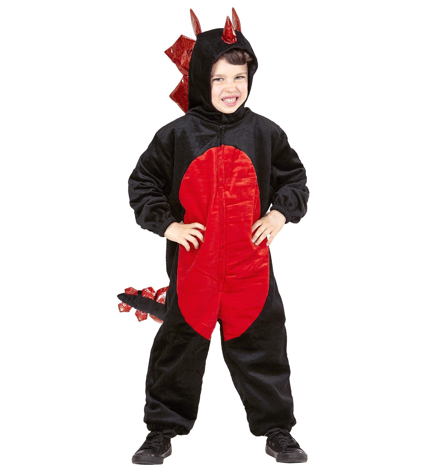 Schwarzer Plüsch-Overall mit Kapuze für Kinder als Drachenkostüm, weich und warm.