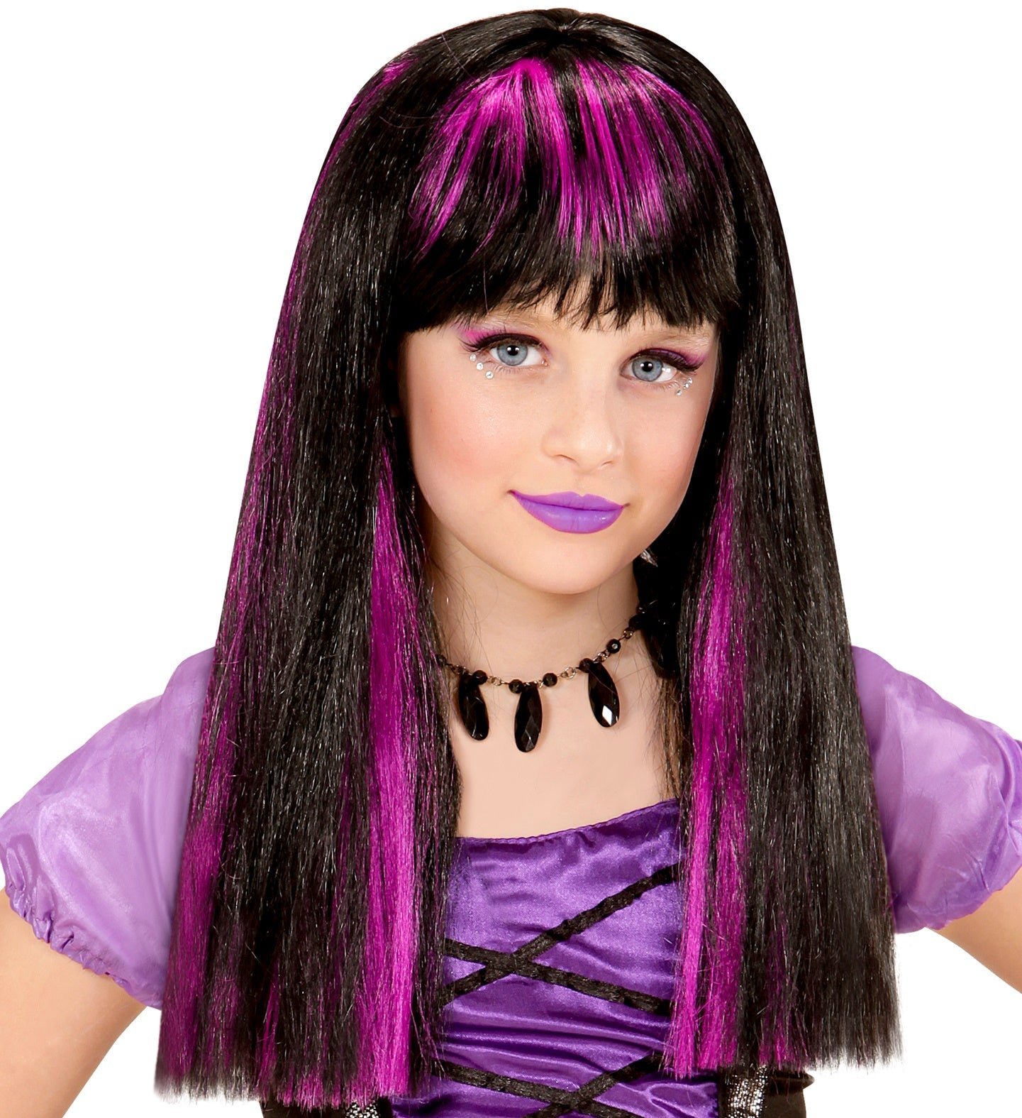 Schwarze und lila Kinderhexenperücke aus Kunsthaar mit elastischem Gummizug.