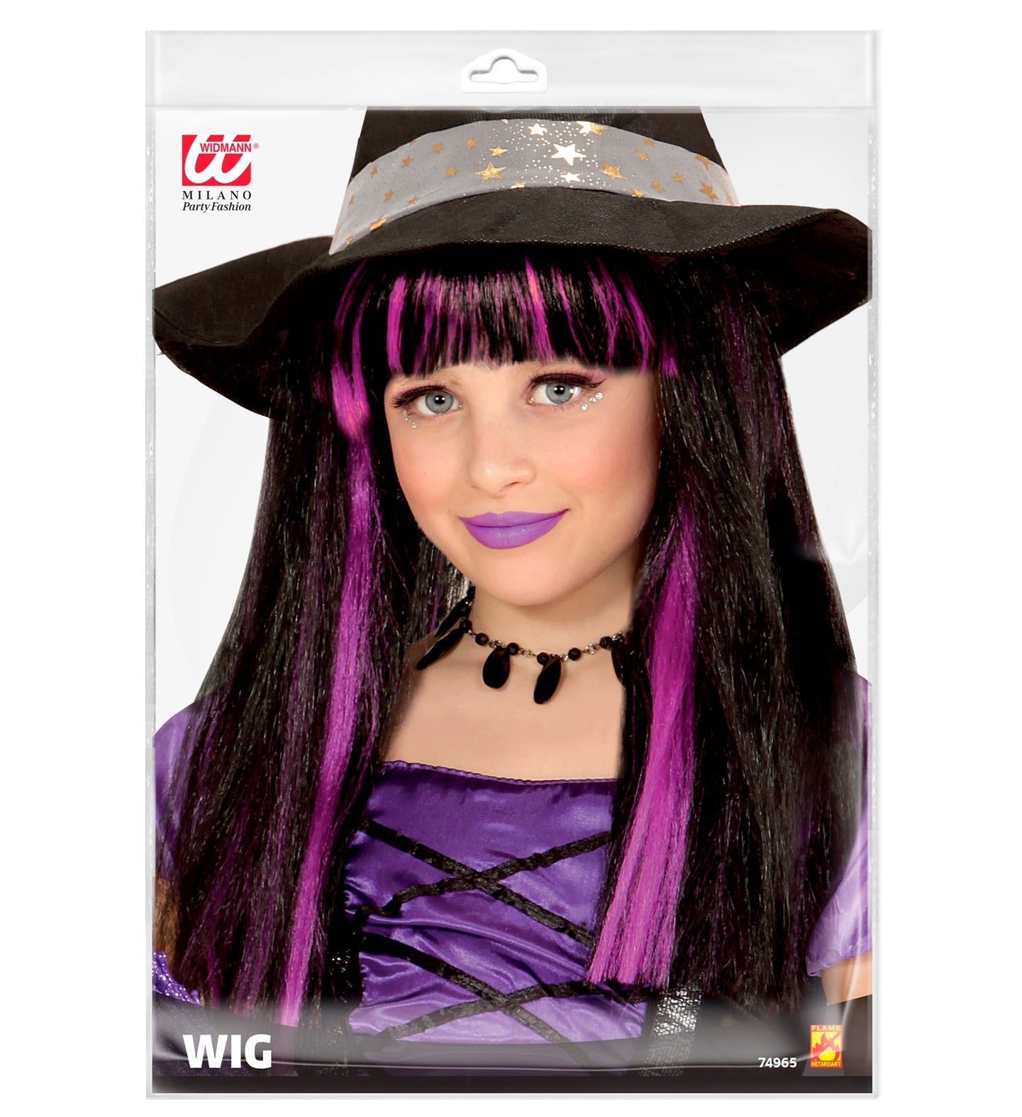 Schwarze und lila Kinderhexenperücke aus Kunsthaar mit Gummizug für Kostüme.