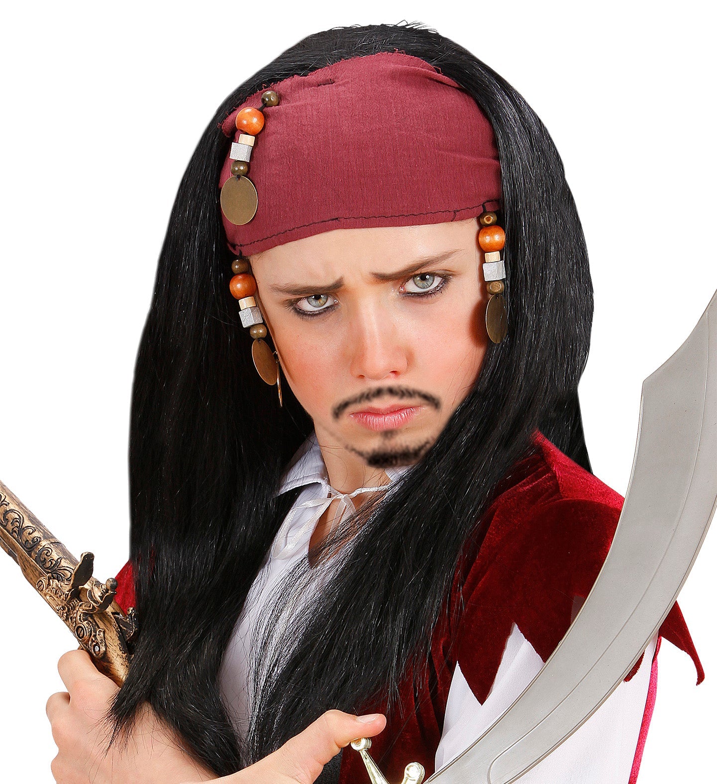 Children's pirate wig with red bandana, pearl beads, and long black hair.