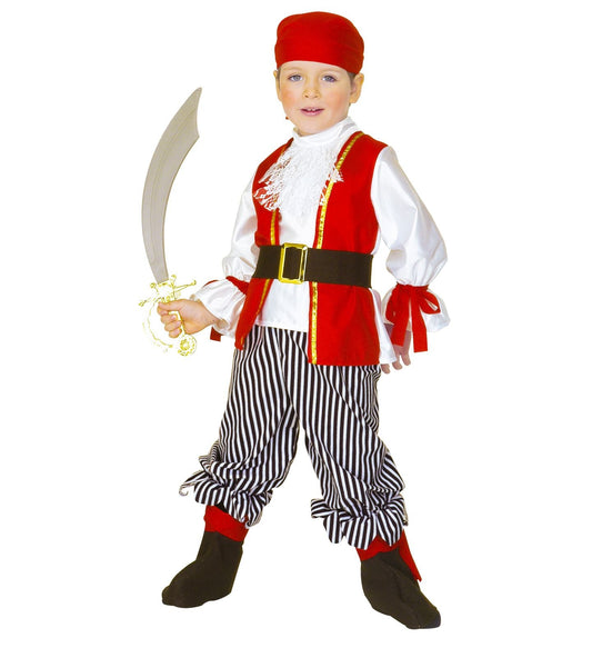 Kinder-Piratenkostüm mit Hemd, Weste, Hose, Gürtel, Stulpen und Kopftuch in Schwarz und Rot.