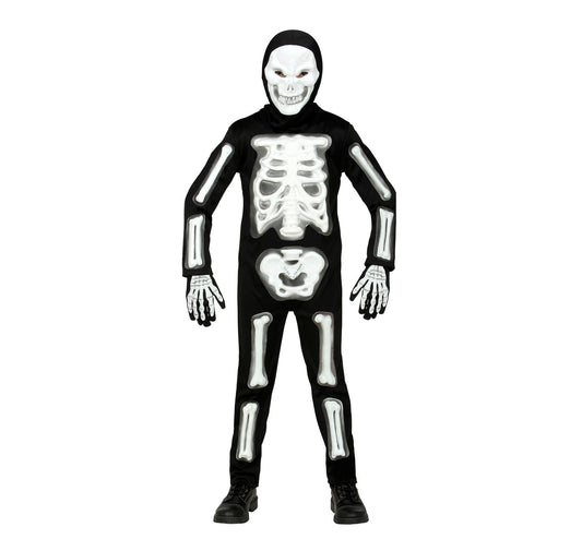 Schwarzes und weißes Kinderkostüm mit 3D-Skelett, inklusive Maske und Handschuhen.