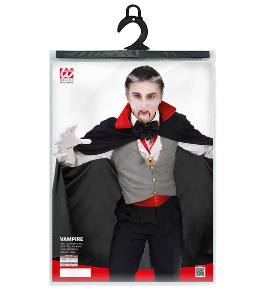 Widmann Kinder Vampir Kostüm Set mit Samtweste, Umhang und Accessoires in Schwarz und Rot.