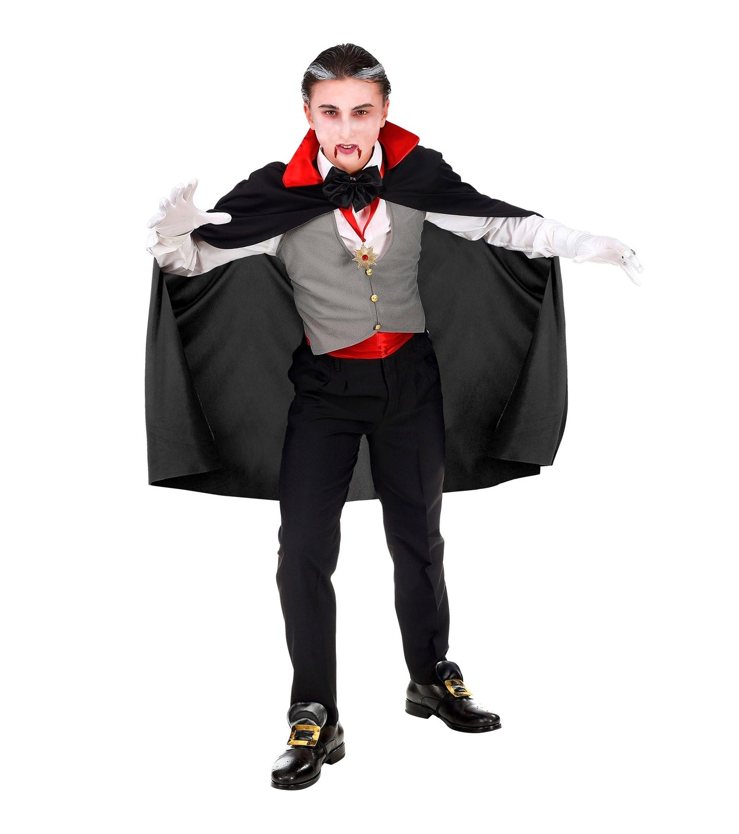 Kinder Vampir Kostüm Set mit schwarzer Weste, Umhang, Fliege und Accessoires für Jungen