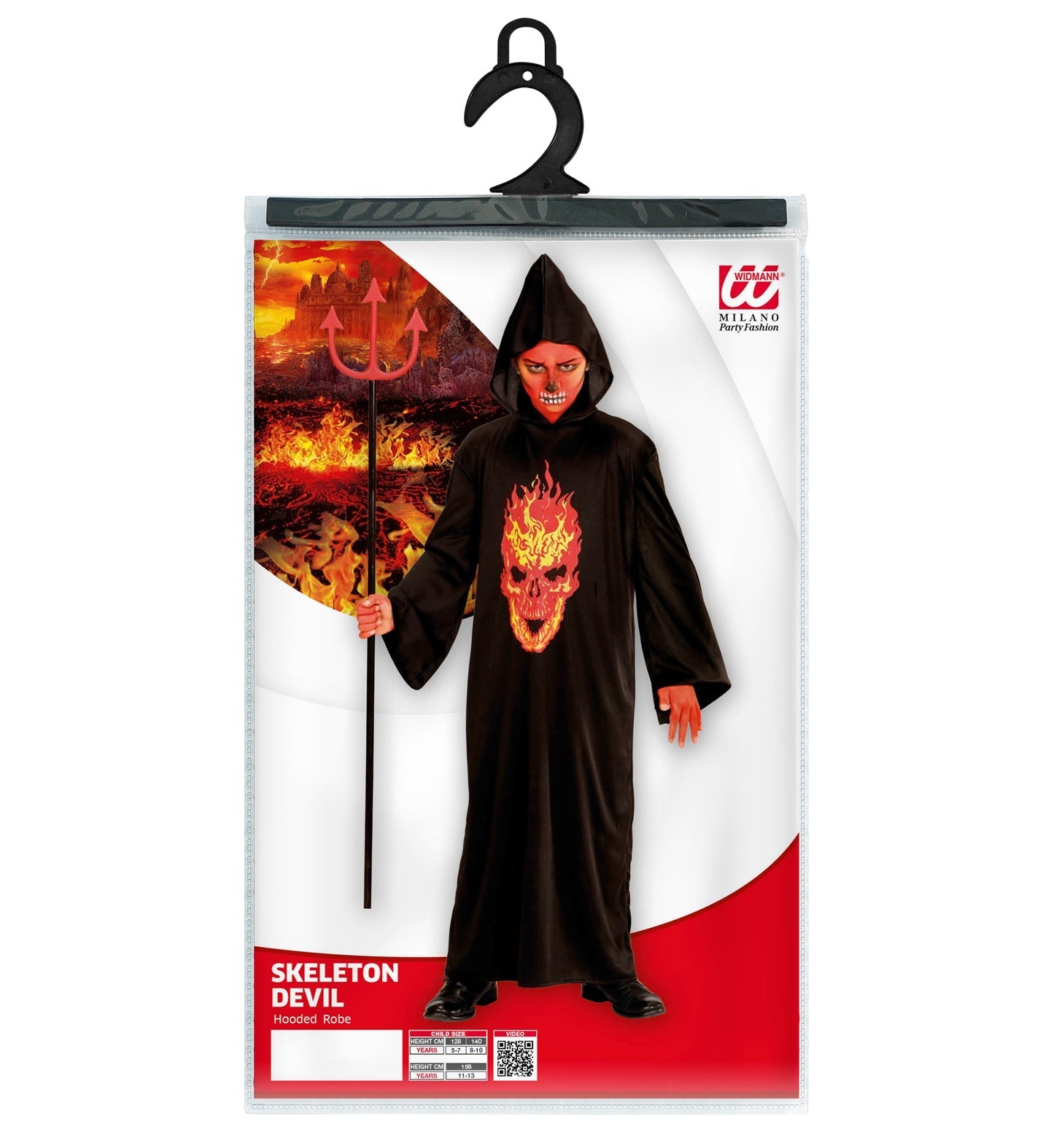 Kinderkostüm Teufel mit Kapuze und leuchtendem Skelett-Print in Schwarz und Rot
