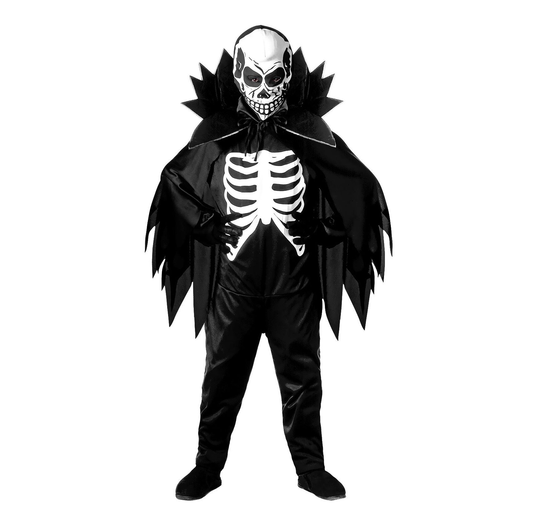 Schwarz-weißes Kinder Skelettkostüm mit Umhang, Halsband und Halbmaske für Jungen.