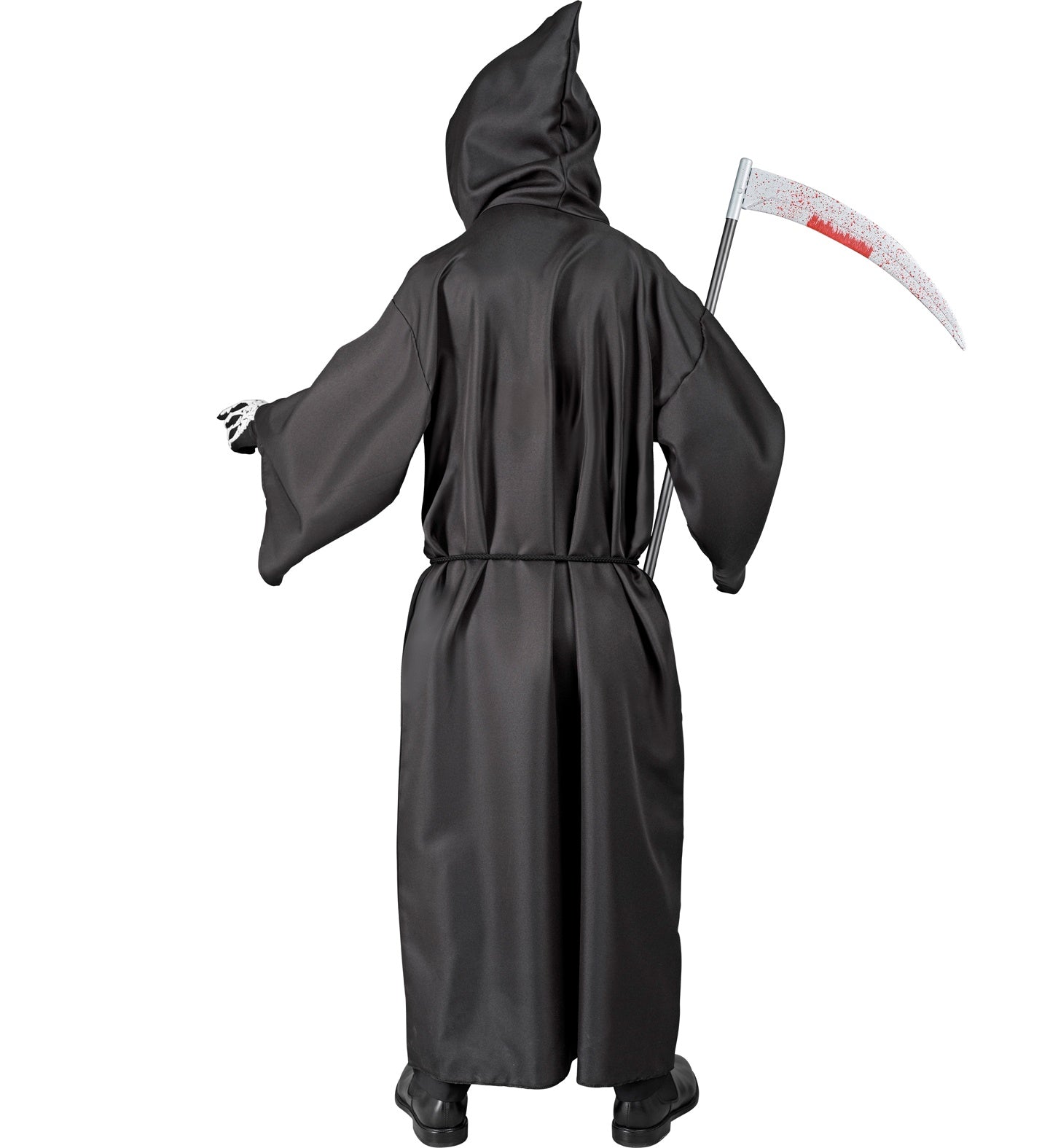 Schwarzes Kinderkostüm mit weißen Knochen-Prints, Kapuze und Gürtel für Halloween.